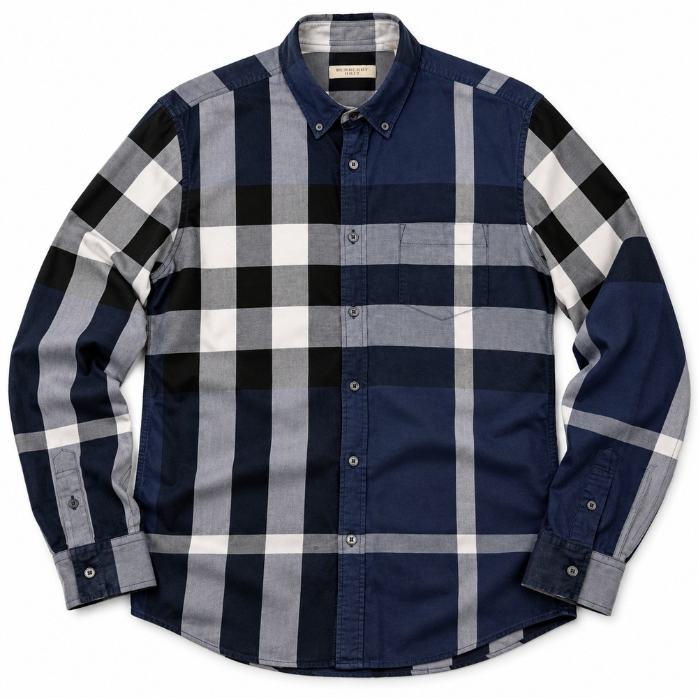 Burberry Brit Check Shirt Mens Large Blue Long Sleeve Button Down Pocket Cotton